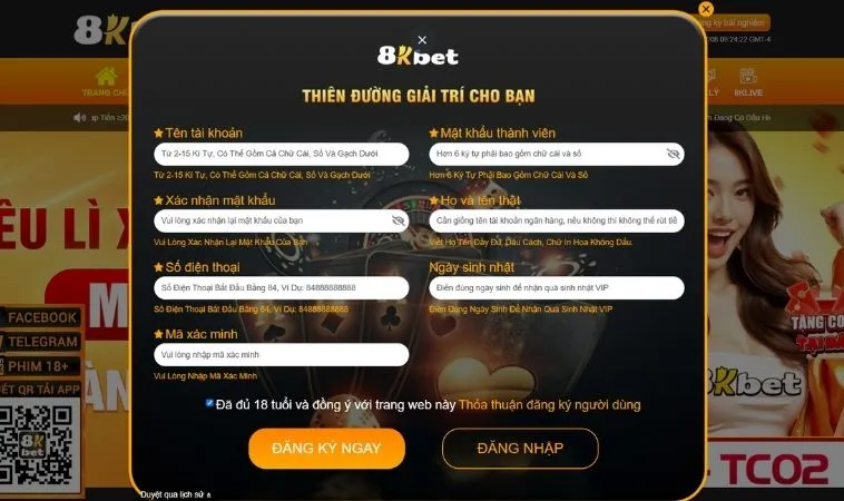 Giao diện đăng ký 8KBet