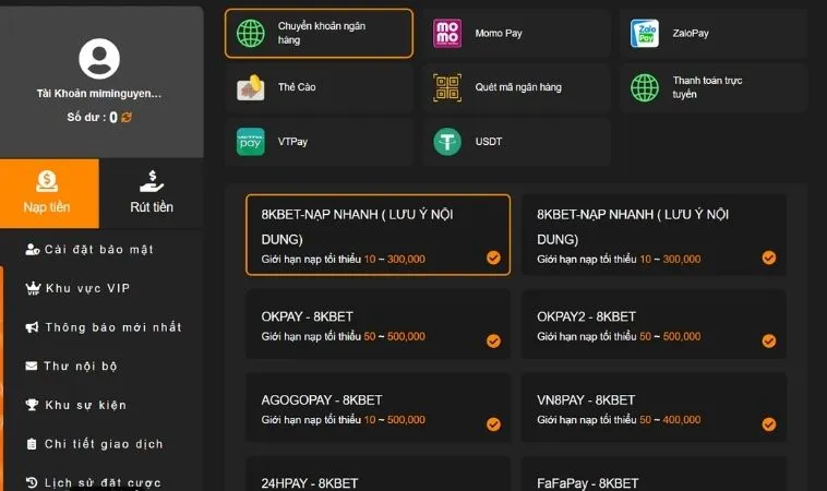 Giao diện nạp tiền 8KBet